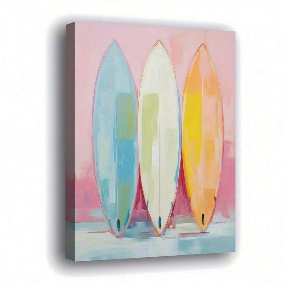 Pintura artística 2D plana sobre lienzo, envuelta en un marco de madera, de 29.97*44.96 cm, con tres tablas de surf vibrantes en una paleta de colores degradados de izquierda a derecha: azul, con entrelazado amarillo-verdoso y amarillo-naranja. El fondo es de un rosa suave, creando una composición - Sin marco - Ver 1