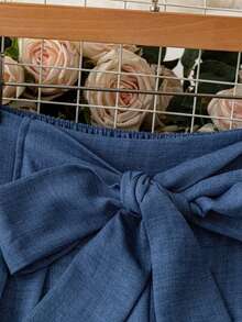 Quần dài nữ màu xanh dương ống rộng, chất liệu polyester, kiểu dáng thanh lịch, có chun co giãn và buộc dây phía trước, tạo cảm giác thoải mái khi mặc. - Màu xanh lam - Xem 4