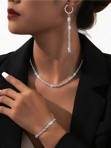 1 Set Stainless Steel Women's Jewelry Set, Twisted Rope Element, Luxury Commuter Style, Suitable For Daily Commute/Date Outfit - Necklace+Bracelet+Earrings - View 4
