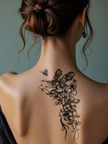 2 feuilles de tatouages temporaires pour femmes, motifs de fleurs noires, oiseaux, papillons et fées. Tatouages temporaires imperméables durant 2 à 5 jours, peuvent être utilisés sur les bras, les épaules, le cou, la taille ou les jambes. Convient pour les festivals, les fêtes, les mariages et comme cadeau. Peut également être utilisé comme décoration corporelle. Style croquis. - Noir - Voir 6