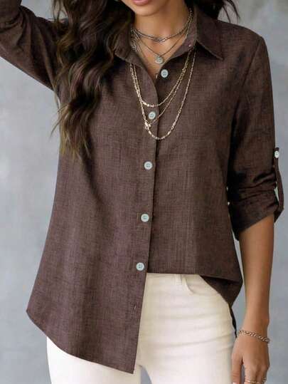 女士棕色纹理衬衫，翻领，纽扣前襟，卷袖，弧形下摆，休闲合身办公衬衫，适合春秋季穿着；女士休闲长袖常规下摆翻领衬衫，百搭日常穿着