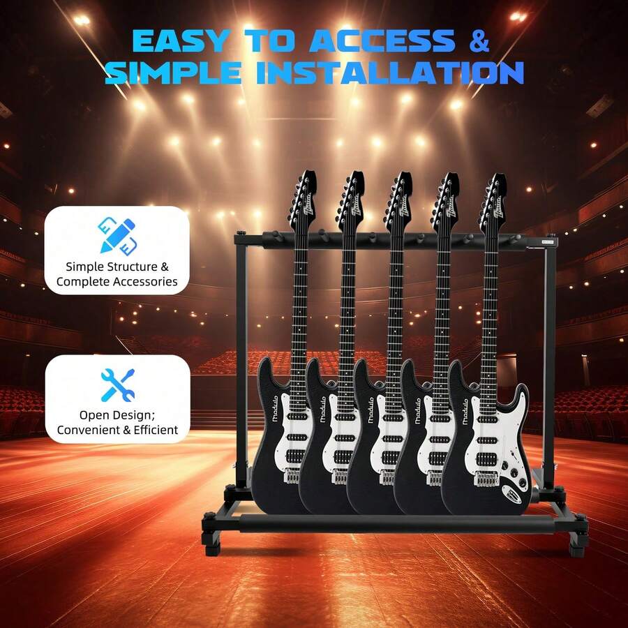 InSyoForeverEC 5-Fach Gitarrenständer Metall Mehrfachständer | Hochfestes Eisenrohr 25x25mm & Schaumstoffpolster | Klappbarer Display-Ständer für E-Gitarren/Bass/Ukulelen (Schwarz) - Schwarz - Übersicht 1