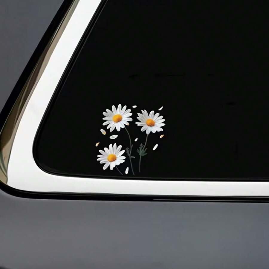 Daisy Vinyl Sticker - White Center With Yellow Center, Self-Adhesive . Features For Cars, Refrigerators, Laptops And Holiday Decorations. Bright Floral Pattern. Car Decoration Sticker. - A - View 1