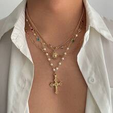 4件套复古奢华多色水晶十字架吊坠项链，男士日常佩戴配饰，理想礼物 - 金色 - 查看 7