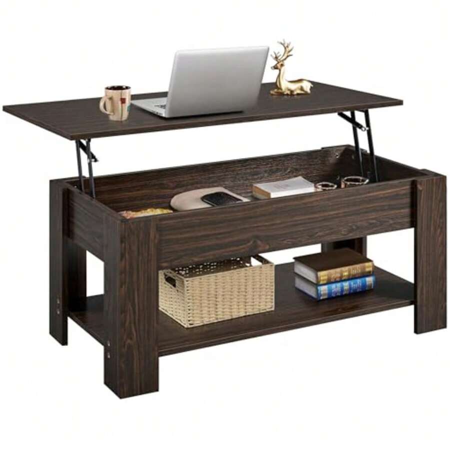 Lift Top Coffee Table with Hidden Compartment and Storage Shelf Rising Tabletop Dining Table for Living Room Reception Room 47.5in L Espresso - Café exprés - Ver 1