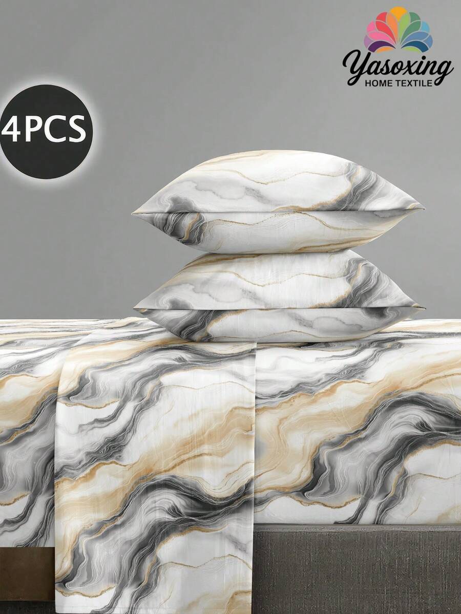 Bộ ga trải giường 4 món họa tiết vân đá cẩm thạch, chất liệu microfiber mềm mại, dễ giặt ủi (1 ga phẳng + 1 ga bọc nệm + 2 vỏ gối), phù hợp với giường cỡ King/Queen/Full/Twin, thích hợp cho nệm dày 11.8 inch, mềm mại và thoáng khí, sang trọng như khách sạn, thích hợp làm quà tặng cho bố mẹ, bạn bè - Phong cách trừu tượng sang trọng hiện đại - Nhiều màu - Xem 1