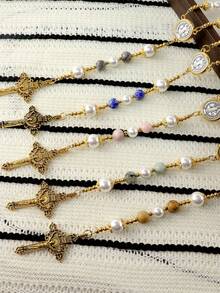GO2CJBEADS 1pc Handmade Natural Stone Beads Rosary Cross Necklace, Classic Vintage Religious Gift, Beaded Necklace Prayer Jewelry - Z0694A - View 3