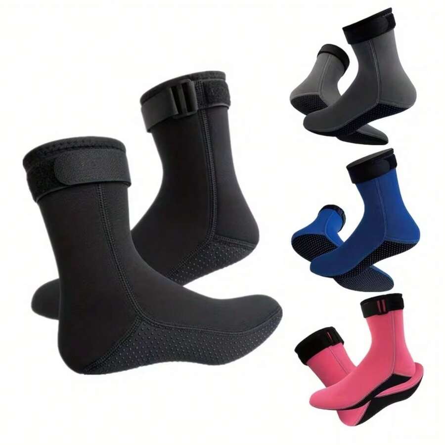 1 Par de Meias de Praia de Neoprene com 3mm de Espessura, Sola Texturizada Antiderrapante, Alta Elasticidade, Tira de Gancho e Laço Larga, Acolchoamento no Tornozelo, Adequado para Vôlei de Praia, Surfe, Esportes Aquáticos, Parques de Diversão, Mergulho Snorkel, Natação, Mergulho, Vela, Caiaque, Meias de Surfe Unissex para Praia, Essencial de Praia, Flutuadores de Piscina, Acessórios de Natação, Suprimentos de Praia, Esportes Aquáticos, Itens de Viagem, Itens Pessoais, Necessidades de Natação - Preto - Visão 1