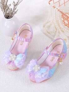 Shiny Rainbow Princess Girl's High Heels, Glittering Pink And Purple Formal Shoes With Pearl And Rhinestone Decor, Non-Slip Rubber Soles, Hook And Loop Closure, Suitable For Performance And Party - Purple - View 7