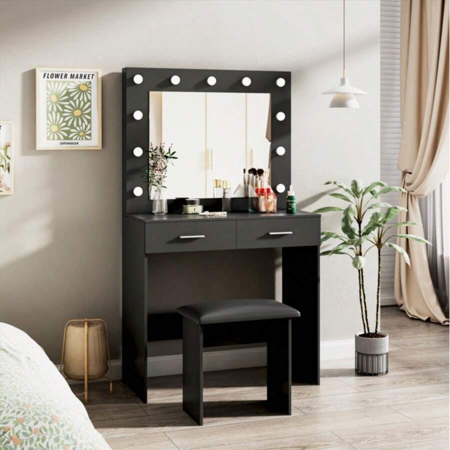 Dressing Table Set With LED Lights Mirror, Vanity Makeup Table 2 Large Drawers And Stool (Black) - 黑色 - 查看 1