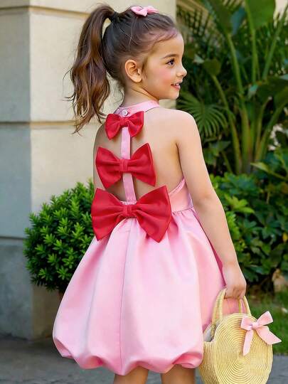 女童露背蝴蝶结公主裙，粉色缎面花苞裙摆，夏季生日派对节日正式礼服