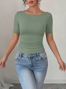 PRETTYGARDEN Womens Summer Short Sleeve Tops Boat Neck Ribbed Knit Slim Fit T Shirt Casual Basic Top Y2K Clothes - 灰綠色 - 查看 4