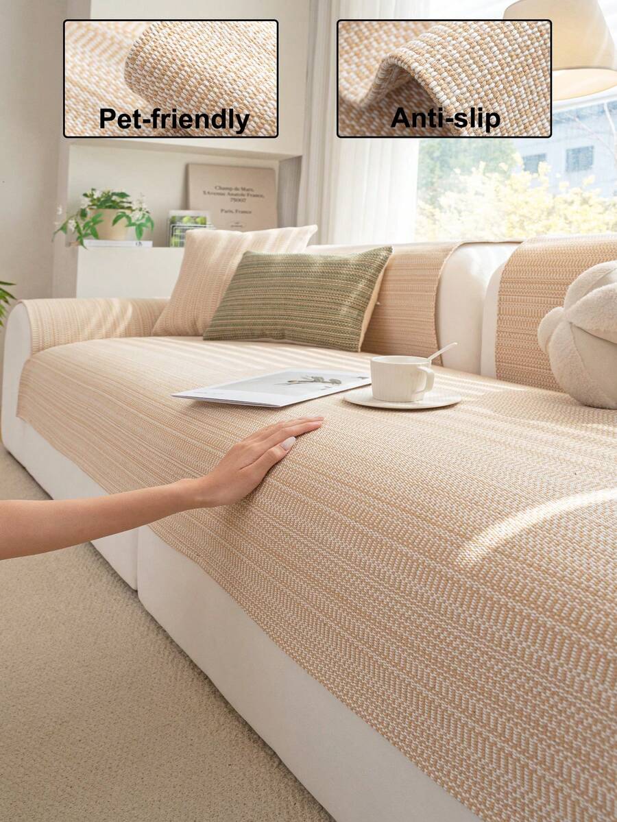 1pc Anti-Slip Sofa Cover, Simple Japanese Style Thickened Sofa Slipcover, Minimalist Decor Sofa Pad, Pet-Friendly, 4-Season Washable, Suitable For 1/2/3/4 Seater L-Shaped Recliner With Armrest And Backrest - Apricot - View 1