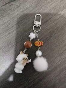 可爱猫咪手机挂饰，多功能钥匙扣毛绒球串珠吊坠，背包/手机挂绳 - 彩色 - 查看 4