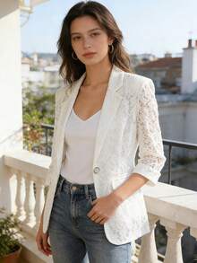 优雅镂空白色女士西装外套，2026春夏新款，休闲蕾丝西装上衣 - 白色 - 查看 3