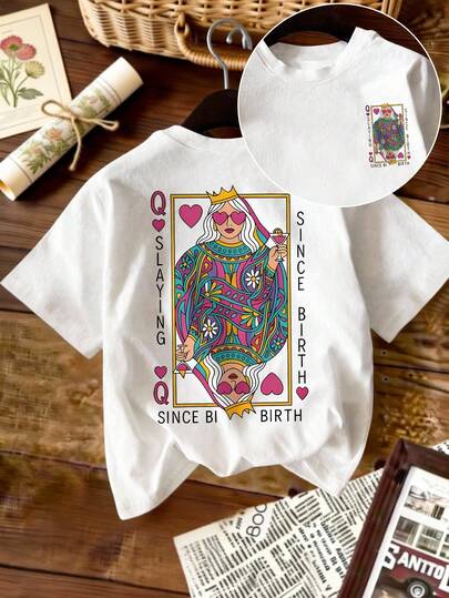 女士休闲圆领短袖T恤，印有“天生女王”图案，高弹力常规版型