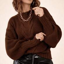 Blusa de frio feminina estilo blogueira com trança 2025 blusa tricot manga bufante  Simples  Casual    Malhado  Ponto em cabo - Marrom - Visão 2