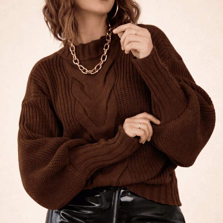 Blusa de frio feminina estilo blogueira com trança 2025 blusa tricot manga bufante  Simples  Casual    Malhado  Ponto em cabo