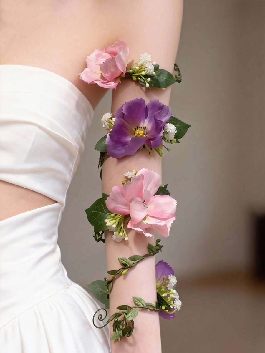 Boho Pink Purple Artificial Flower Arm Corsage Handmade Greenery Floral Arm Band For Brides Bridesmaids Wedding Prom,Festival,Birthday - Mauve Purple - View 1