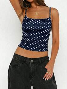 Vaiaye 女士时尚内衣风上衣，春夏波点圆领修身休闲度假性感吊带背心，适合海滩度假和日常休闲穿着。 - 藍底白波點 - 查看 8