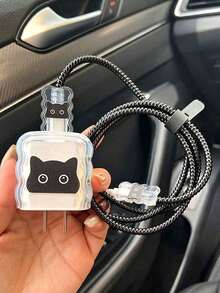 5件套黑色猫咪波浪纹护边套装，兼容苹果充电头、13英寸数据线、18/20W快充充电器 - 彩色 - 查看 1