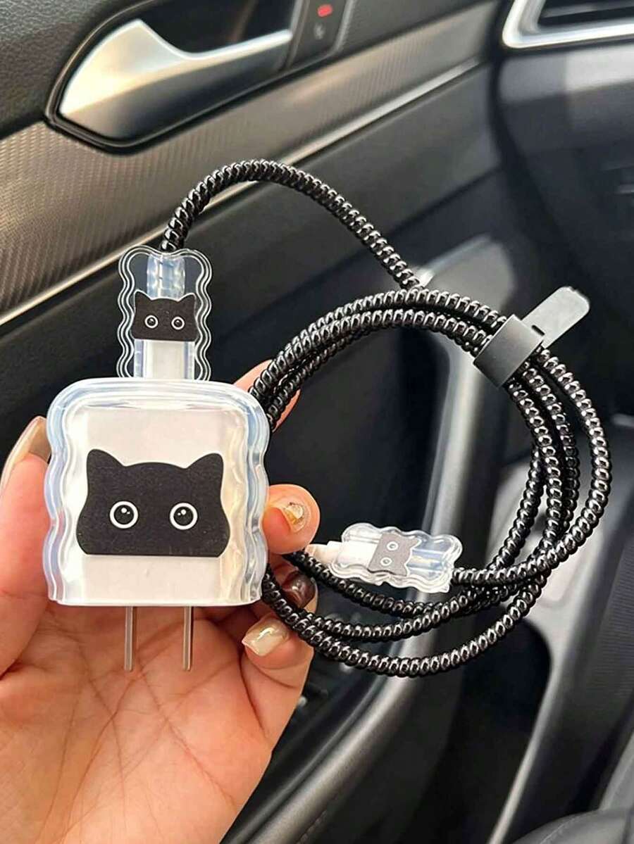 5件套黑色猫咪波浪纹护边套装，兼容苹果充电头、13英寸数据线、18/20W快充充电器 - 彩色 - 查看 1