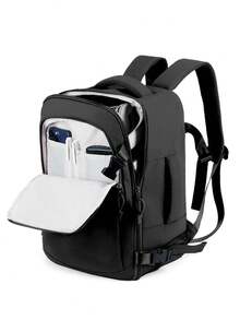 1pc Large Capacity Grey Travel Laptop Backpack. Durable Water-Resistant Nylon Commuter Backpack With Luggage Strap And Multi-Compartment Design. 180° Wide Opening Large Capacity Bag With Separate Laptop Compartment. - Black - View 5