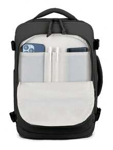 1pc Large Capacity Grey Travel Laptop Backpack. Durable Water-Resistant Nylon Commuter Backpack With Luggage Strap And Multi-Compartment Design. 180° Wide Opening Large Capacity Bag With Separate Laptop Compartment. - Black - View 7