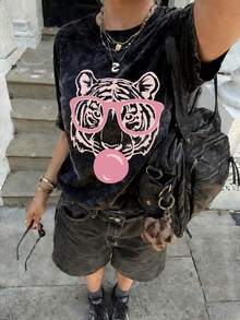Camiseta de mujer de manga corta con cuello redondo y estampado de tigre, de verano, informal, holgada y versátil, de uso diario estiloso en color negro - Negro - Ver 9