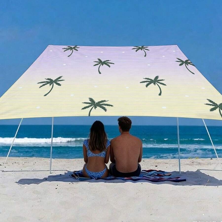 1pc Beach Sunshade Cloth [Without Poles], Outdoor Sun Shade Sail Tarp, Waterproof, Polyester, Grommeted Corners, Easy Setup, For Beach, Camping, Picnic, Patio, Backyard, Outdoor Party, Family Gatherings  Palm Trees, Tropical Plants, Green Foliage - Minimalist, Minimalist, Modern, Clean Lines Style - B - 查看 1