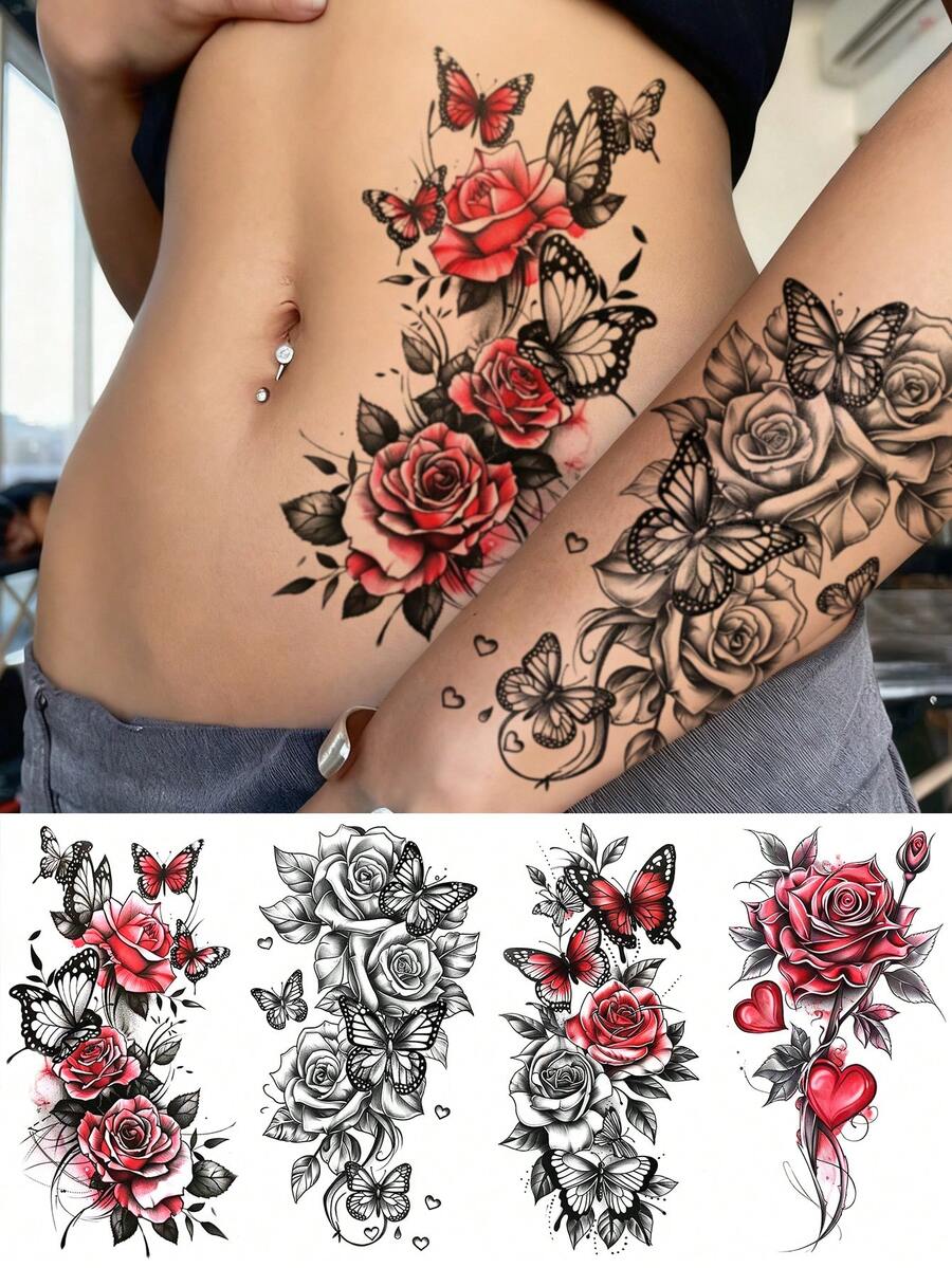 4 Sheets Big Size Body Art Temporary Tattoo Stickers For Women, Black Red Flower Mixed Pattern, Waterproof Fake Tattoo, Lasts 2-5 Days, Covering Scars,Can Be Used On Arms Wrist Shoulders Legs Waist Neck Hand Chest Thighs Finger Ankle - Multicolor - View 1