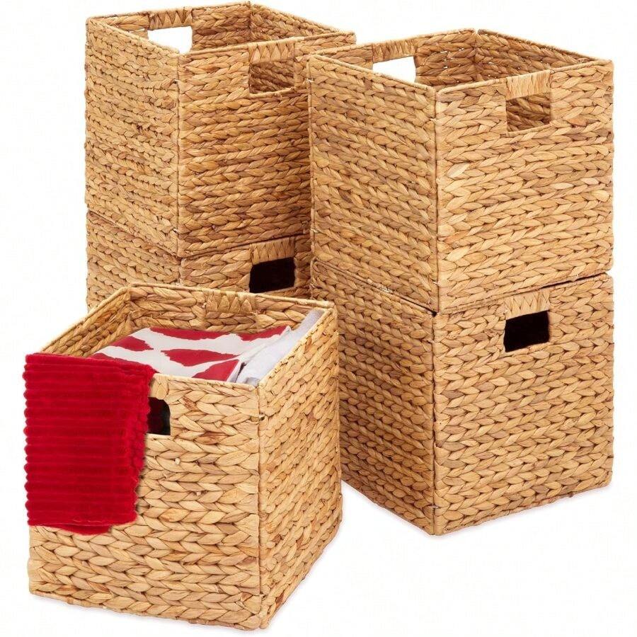 Best Choice Products 10.5x10.5in Pack Of 5 Cube Storage Baskets, Water Hyacinth Multipurpose Collapsible Organizers, Handwoven Laundry Totes For Laundry, Living Room, Kids Room Nursery - Natural - 10.5x10.5 inch + Màu tự nhiên - Xem 1