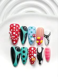 10pcs Handmade Dopamine-Inspired Nail Art Set, Including Gel Nail Kit, Colorful Beaded Nail Accessories, Hand-Painted Green Stripes, Black & White Polka Dots, Pink Zebra Print, Black, Red, Blue, White Nail Polish, 1 Jelly Sticker + 1 Nail File. Available In 3 Sizes: Square, Short Square, Almond. Suitable For Parties, Daily Wear, Events, Photography, Spring/Summer Commute - Nhiều màu - Xem 16