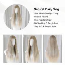 ROALYUV Lace Front Long Straight Layered Wig With Blonde Highlights For Women, Natural Hairline Synthetic Wig, Heat Resistant Fiber, Breathable Adjustable Cap, Soft Smooth And Fluffy, Easy To Wear & Style, Ideal For Daily Wear, Party, Cosplay, Dating And All Occasions - Màu xám nhạt ánh vàng chuyển sắc - Xem 6