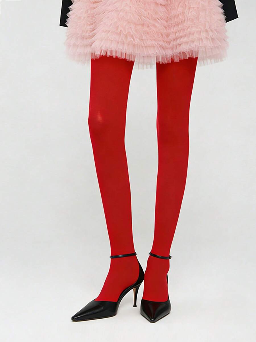 1双女士春秋季纯红色不透明天鹅绒连裤袜，柔软尼龙高腰长筒袜，适合派对和日常穿着 - 彩色 - 查看 1