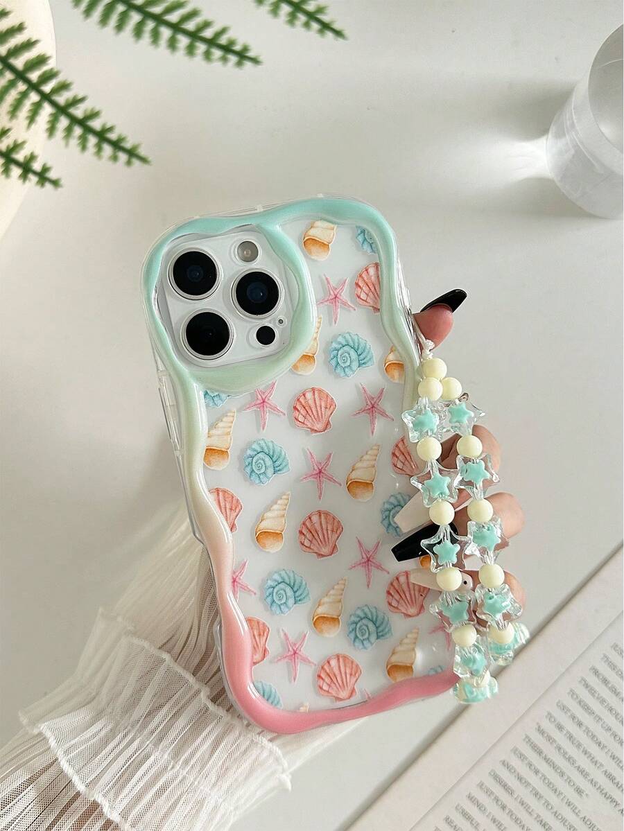 海洋奶油色纹理波浪边亮面海星贝壳彩绘防震手机壳，配手工串珠手链，兼容 XR/7/8、15 Pro Max、13、14、11、Galaxy S24、Galaxy S24+、Galaxy S24 Ultra、Galaxy S22、Galaxy A13 4G、Galaxy A52、Galaxy A52s 5G、Galaxy A23、Galaxy A35、Galaxy A25、Galaxy A73、Note 11、Note 11 Lite