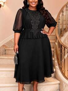 Plus Size Women's Black Pleated Chiffon Puff Sleeve Lace Decor Fitted A-Line Dress, Elegant For Wedding Guest, Cocktail Party, Formal Occasion Spring - Black - View 1