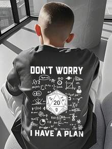 Tween Boy Funny Game Print T-Shirt With "Don't Worry, I Have A Plan" Text, Soft & Comfortable, Suitable For Outdoor Sports, Daily Wear, Street Style, Fashionable Boy's Casual Top For Spring/Summer - Dark Grey - View 1