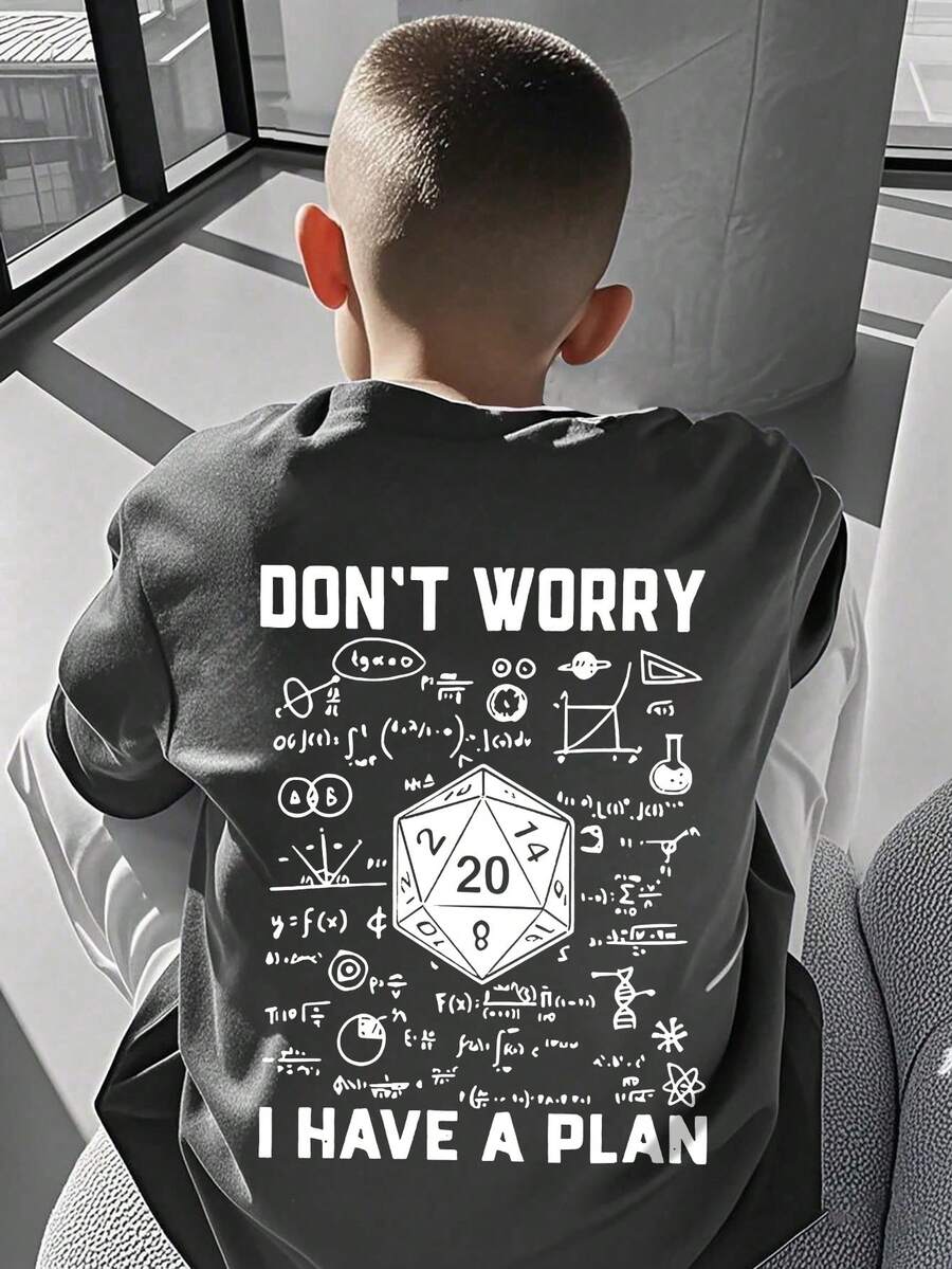 Tween Boy Funny Game Print T-Shirt With "Don't Worry, I Have A Plan" Text, Soft & Comfortable, Suitable For Outdoor Sports, Daily Wear, Street Style, Fashionable Boy's Casual Top For Spring/Summer - Dark Grey - View 1