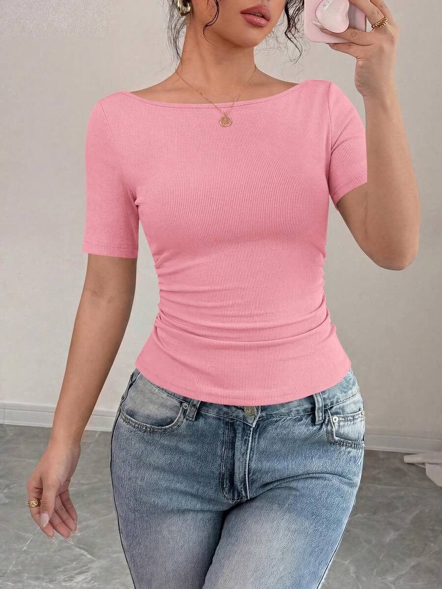 PRETTYGARDEN Womens Summer Short Sleeve Tops Boat Neck Ribbed Knit Slim Fit T Shirt Casual Basic Top Y2K Clothes - 淺粉色 - 查看 1
