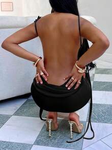 Women's Solid Color Backless Spaghetti Strap Dress, Summer Party Black Elegant - Black - View 4