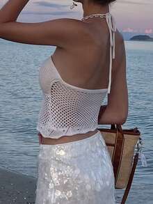 Nora Noon Women's Sexy Backless Camisole Hollow Out Knit White Crop Top, Decorated With Buttons, Suitable For Summer Vacation, Party, And Casual Daily Wear - White - View 2