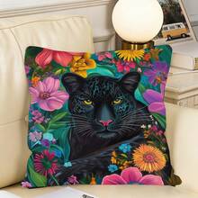 1PC,Jungle - Leopard Theme, Vivid Cushion Covers With Tropical Floral Elements. All - Seasons Suitable, (Pillow Inserts Not Included). - Multicolor - View 6