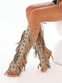Women's Knee High Sandals High Heel Strappy Gladiator Shoes Fashion Fringe Tassels Lace-Up Sandalas Suede Open Toe With Stones Summer Shoes Beach Party Vacation Comfortable Shoes - 杏色 - 查看 5