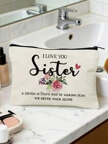 1pc Canvas Cosmetic Bag, "I Love You, Sister" Printed Makeup Bag, Portable Travel Toiletry Bag, Non-Waterproof, Zipper Storage Pouch, Suitable For Sisters And Friends Cosmetic Storage, Mini Makeup Bag, Travel Makeup Case Accessory, Makeup Brush Bag, Makeup Container, Cosmetic Bag, Travel Essential, Women Accessory, Travel Supplies, Cosmetic Bag, Makeup Pouch - Multicolor - View 5