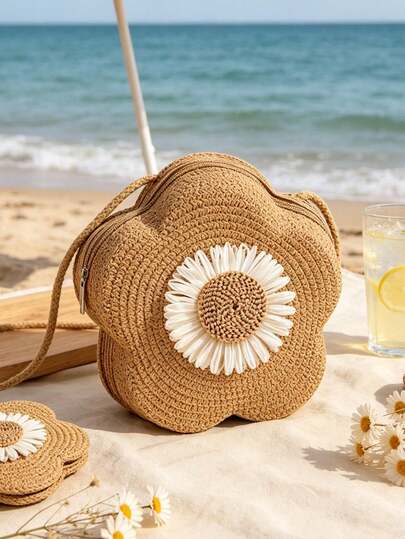 Flower Woven Bag,Hand-Woven Mini Crossbody Bag,With Raffia Sunflower Design,Zipper Closure, Portable Key Purse, Straw Tote Bags,Beach Tote Bag,Mini Straw Crossbody Bag,Summer Beach Shoulder Bag, Women'S Cute Handbag & Coin Purse-Playful Accessory, Zipper Closure, Perfect For Beach,Travel,Vacation, And Daily Commute, Everyday Tote Bag,Suitable For Girlfriend, Mother'S Day,Birthday, Anniversary Gift
