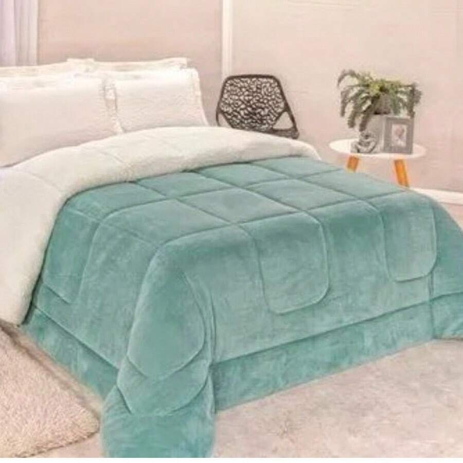 Queen Size Comforter/Duvet, Double-Sided Sherpa Blanket - Mint Green - View 1