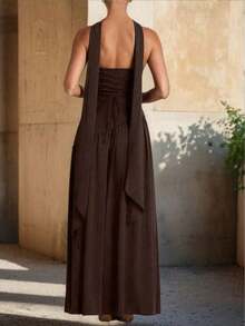 Women's High Slit Chiffon Ribbon Hem Dress, Resort Beach Wedding Banquet Party Elegant Summer - 棕色 - 查看 3