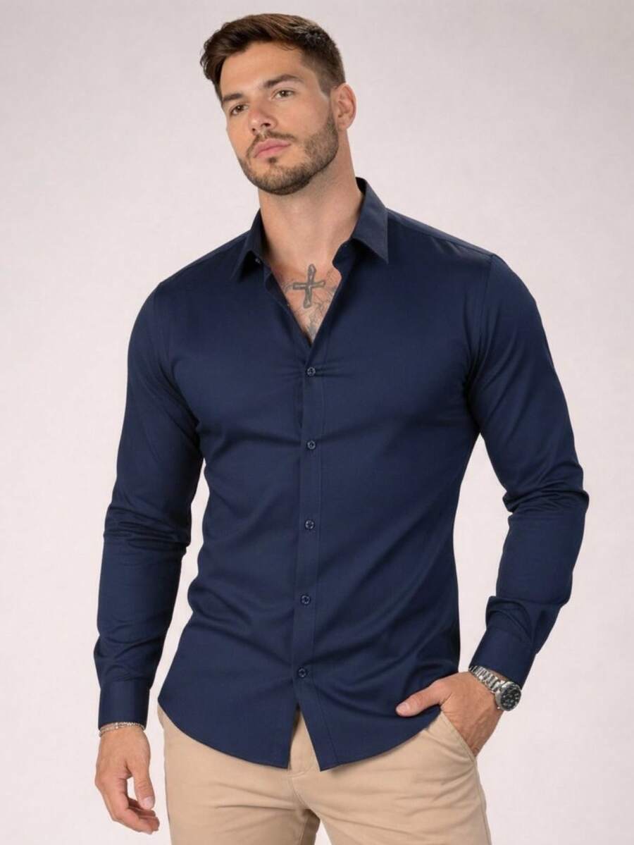 Men's Long-Sleeved Slim Fit Dress Shirt With Microelasticity - 藏蓝色 - 查看 1