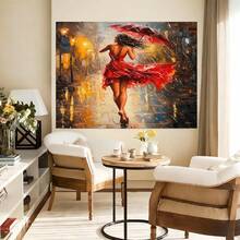 Con marco 1 Pieza de Arte en Lienzo "Mujer con Vestido Rojo Caminando bajo la Lluvia" - Pintura Urbana Nocturna, Cuadro Moderno Enmarcado, Listo para Colgar, Alta Calidad y Colores Vibrantes para Sala, Dormitorio u Oficina, Decoración Elegante, Diseño Interior, Impresión de Alta Calidad, Obra Decorativa - Enmarcado - Ver 4